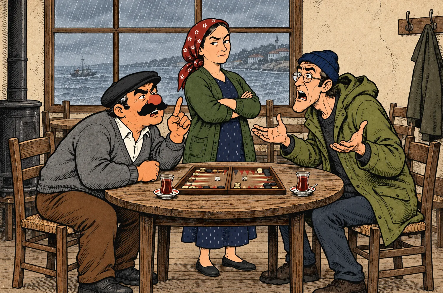 Kahvehanede Temel ile Dursun tavla başında tartışıyor; Fadime arkalarında, kolları kavuşuk, size bakıyor.